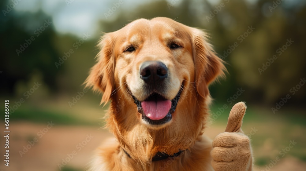 Happy golden retriever dog together with a raising thump