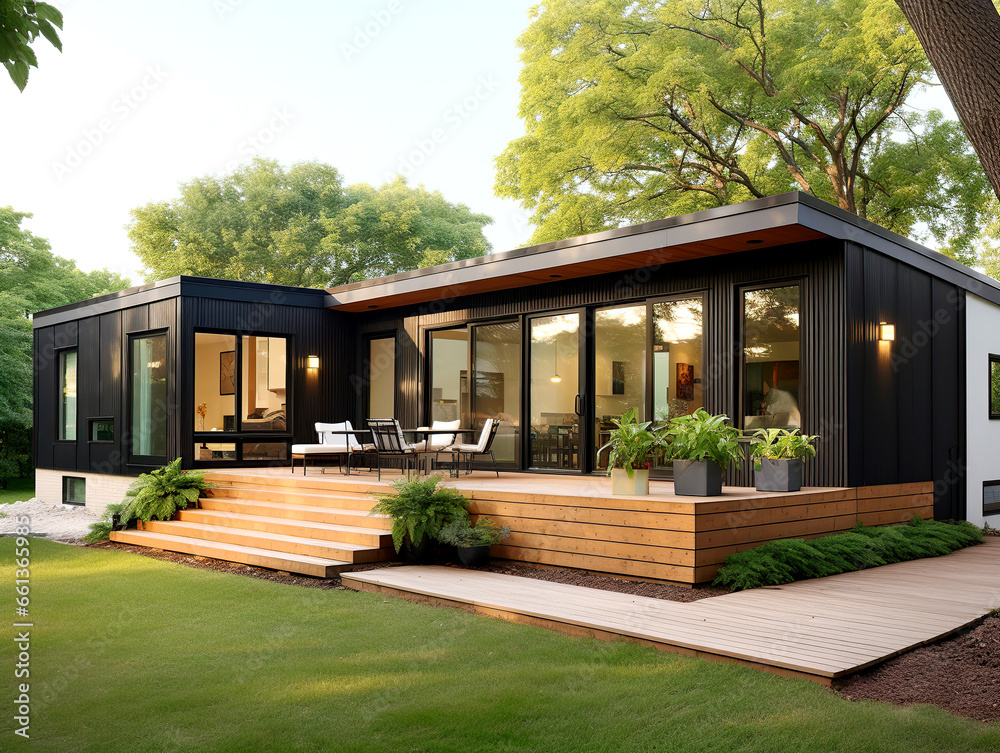 Fototapeta premium Exterior of modern minimalist cubic private house. Black walls and timber wood terrace.