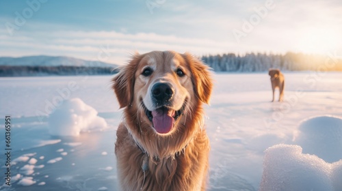 Two happy golden retriever dogs on a frozen lake in a beautiful winter snow landscape