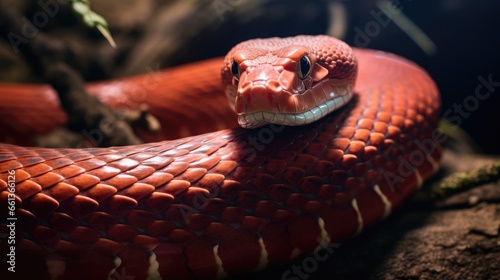 macro shot of a red python snake in the jungle