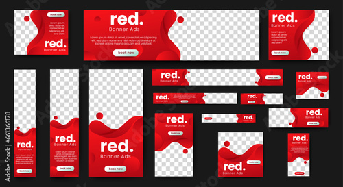 Red Web banners templates, standard sizes with space for photo, modern design. vector	