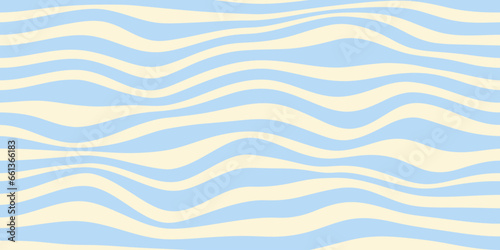 Wavy stripes horizontal background. Abstract geometric retro texture. Blue wavy distorted stripes on a beige background. Vector illustration