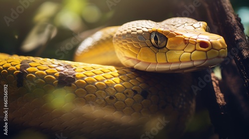 macro shot of a yellow python snake in the jungle