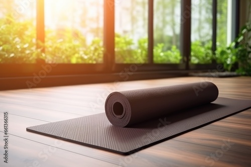 yoga mat on wooden floor in modern fitness center