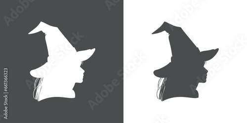 Silueta de perfil de cabeza de bruja con sombrero para su uso en invitaciones y tarjetas de Halloween