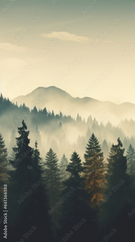 The landscape of pine forests on the mountains is interspersed with morning mist. natural background concept