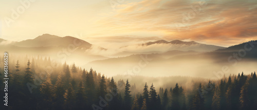 The landscape of pine forests on the mountains is interspersed with morning mist. natural background concept © Ton Photographer4289
