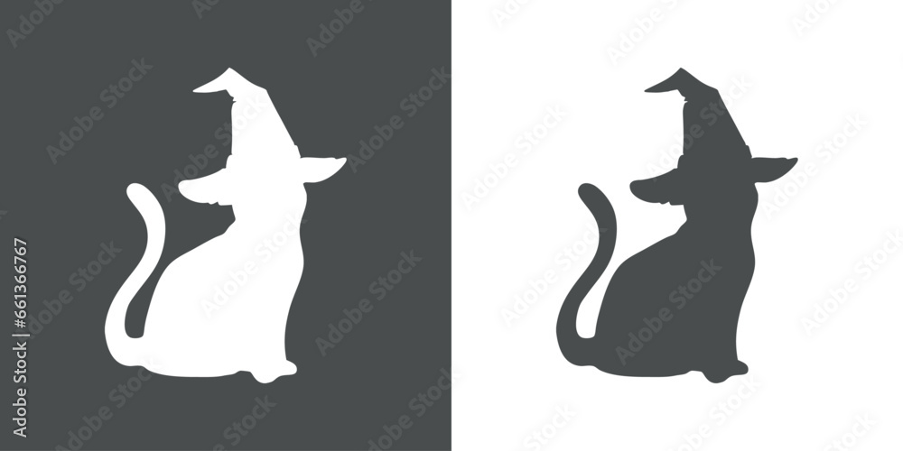 Feliz Texto De Halloween, Gato Negro Con Sombrero De Bruja Sentado En Una Taza Ilustración Vectorial Brujo Morado Vector Stock Image197086790