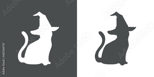 Logo con silueta de gato negro sentado con sombrero de bruja para su uso en invitaciones y tarjetas de Halloween