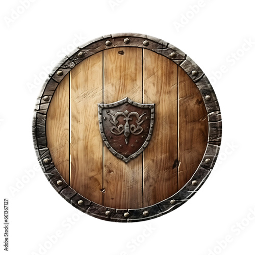 Old Viking Shield of Wood Isolated on Transparent or White Background, PNG