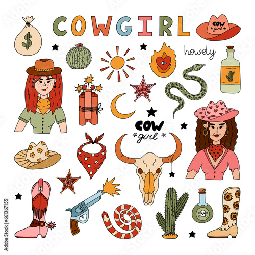 Big cowgirl set in colorful doodle style with hand drawn outline. Vector illustration with western boots, hat, snake, cactus, bull skull, sheriff badge. Cowboy theme with symbols of Texas, Wild West.