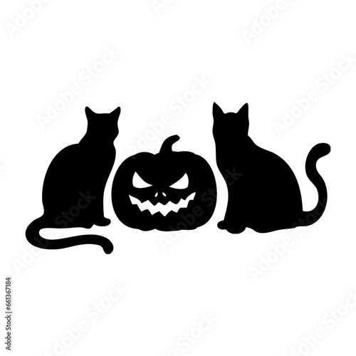 Fototapeta Naklejka Na Ścianę i Meble -  Logo con silueta de 2 gatos negros sentados con calabaza de Halloween Jack O Lantern para su uso en invitaciones y tarjetas