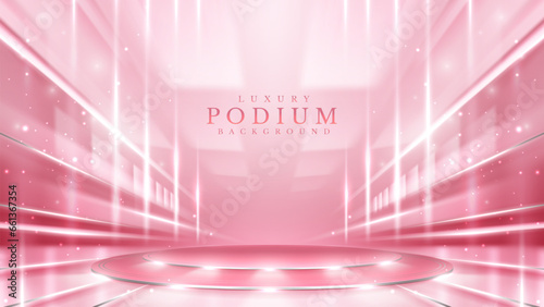 Empty podium silver on pink background with light neon effects with bokeh decorations. Luxury scene design concept. Vector illustrations.