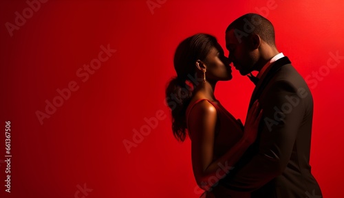 A young African-American couple in evening suits kissing on a red background.