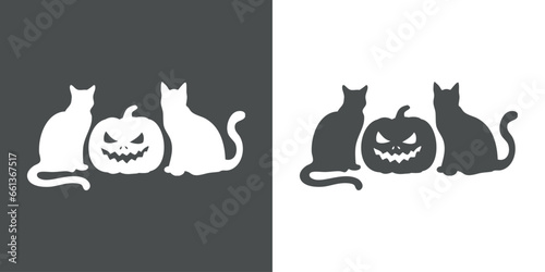 Logo con silueta de 2 gatos negros sentados con calabaza de Halloween Jack O Lantern para su uso en invitaciones y tarjetas