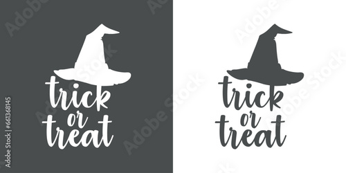 Logo con texto manuscrito trick or treat con silueta de sombrero de bruja para su uso en invitaciones y tarjetas de Halloween