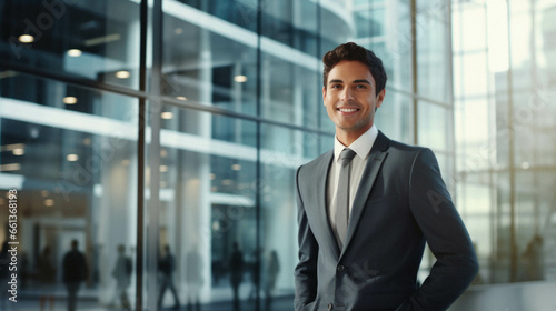 Portrait of smiling businessman in modern office glass lobby.