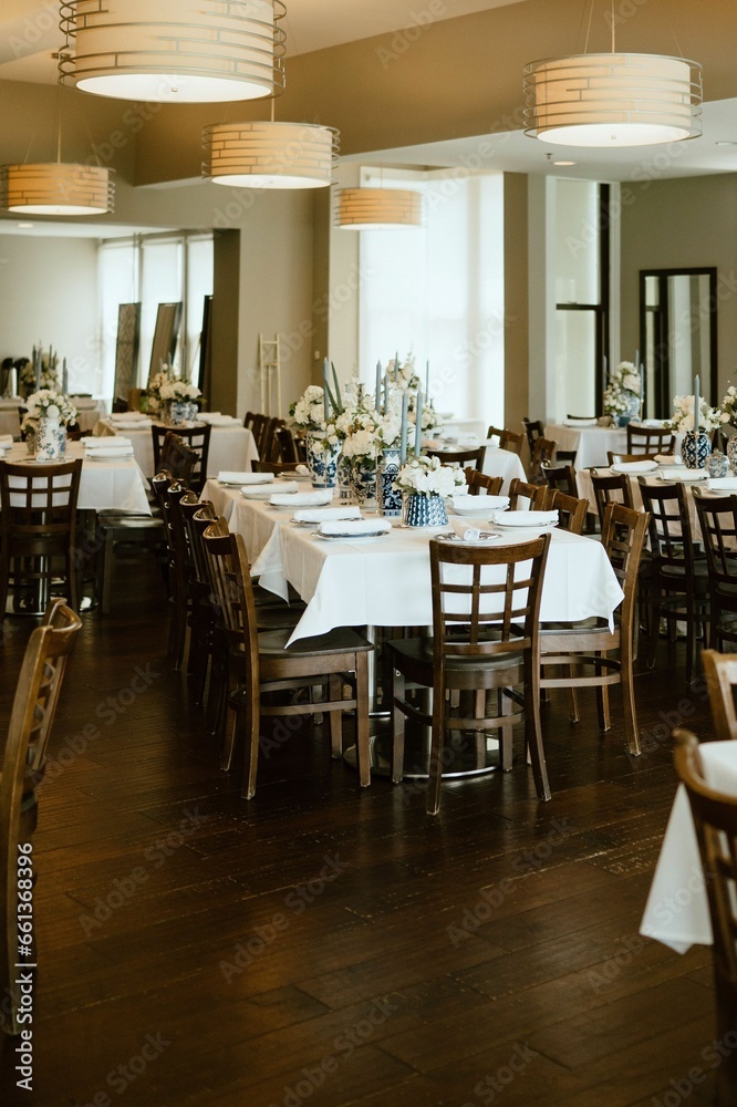Traditional wedding reception with a beautiful blue china dinnerware setting