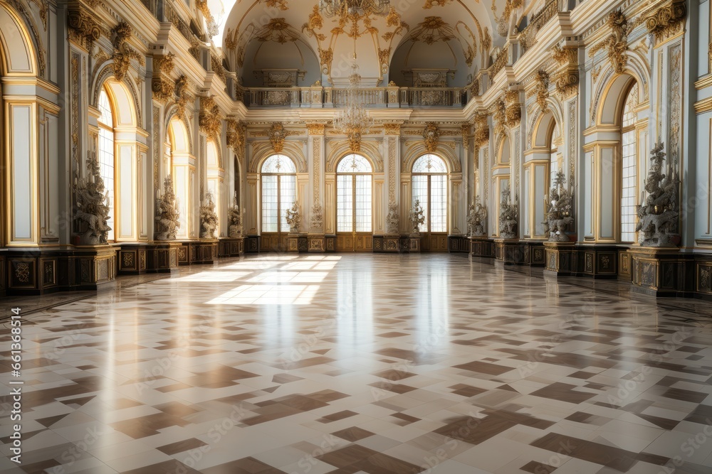 A lavishly decorated European-style hall adorned with opulent gold accents and featuring a luxurious marble floor that exudes grandeur and sophistication. Photorealistic illustration
