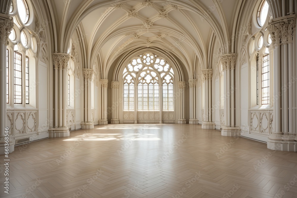 In a European-style hall, the elegant off-white interior gracefully complements the grand columns and the warmth of the polished wood floor. Photorealistic illustration