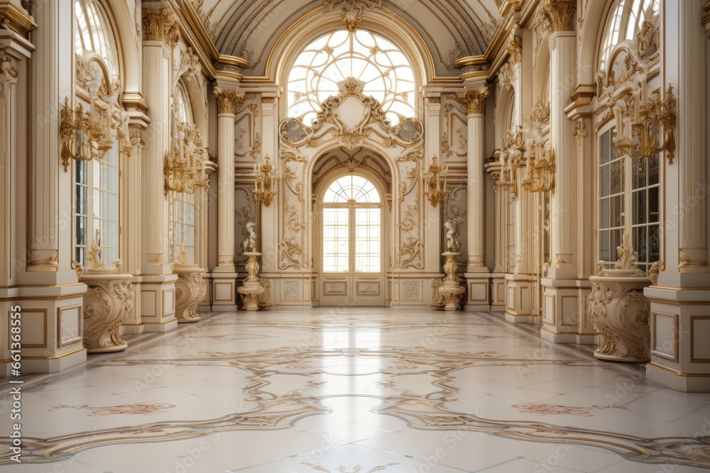 The European-style hall features an elegant all-off-white interior adorned with gold decorations, and its grandeur is further accentuated by the marble floor. Photorealistic illustration