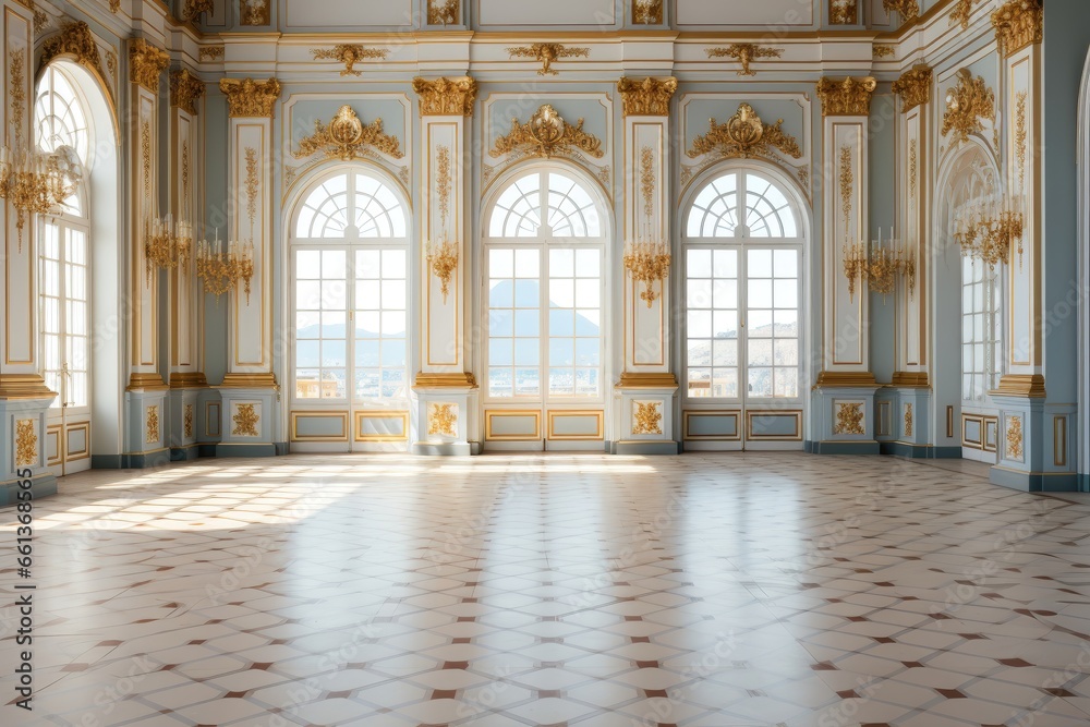 In the European-style hall, gold decorations and a polished marble floor complement the grandeur of the space, while large windows admit warm sunlight. Photorealistic illustration