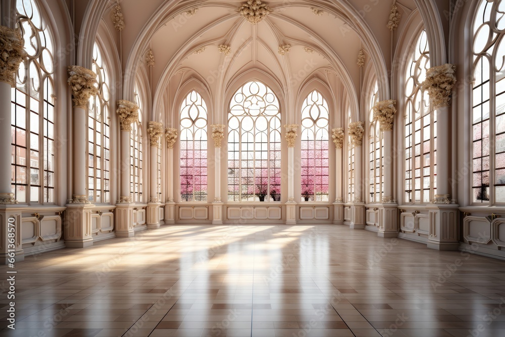 In the European-style hall, the off-white interior and abundant windows infuse the space with a sense of brightness and airiness. Photorealistic illustration