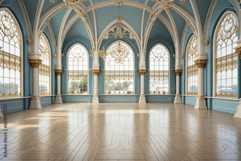 The European-style hall features a light blue interior complemented by white columns adorned with gold decorations, creating a sense of sophistication. Photorealistic illustration