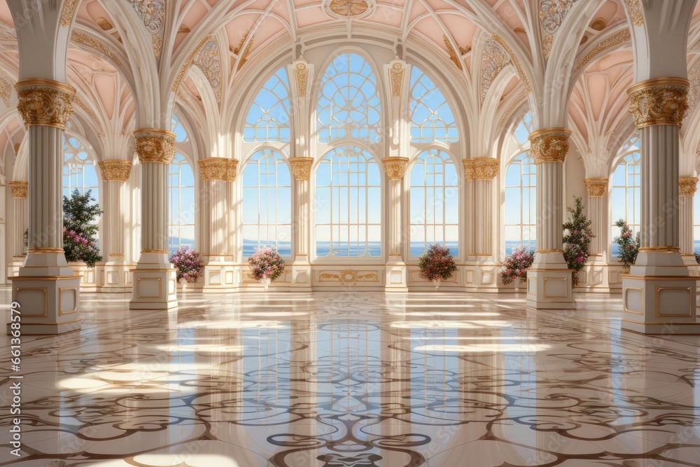 In the European-style hall, the interior is adorned with a delicate combination of white and pink, where ornate gold decorations grace the white columns. Photorealistic illustration