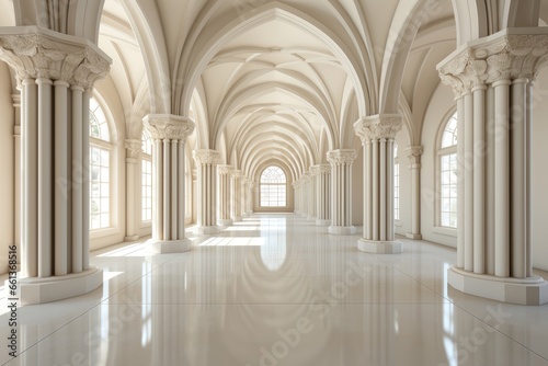 A classic European-style hallway with a pristine all-white interior, elegant columns, and a gleaming marble floor that exudes a sense of sophistication. Photorealistic illustration
