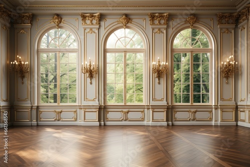 The European-style hall features an elegant all-off-white interior with ornate gold decorations, and candelights grace the walls, casting a warm and inviting glow. Photorealistic illustration