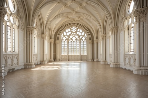In a European-style hall  the elegant off-white interior gracefully complements the grand columns and the warmth of the polished wood floor. Photorealistic illustration