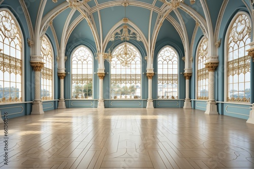 The European-style hall features a light blue interior complemented by white columns adorned with gold decorations, creating a sense of sophistication. Photorealistic illustration