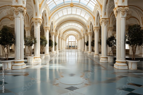 The grand European-style hall boasts a pristine white interior, adorned with opulent gold decorations, radiating an air of timeless elegance and sophistication. Photorealistic illustration © DIMENSIONS
