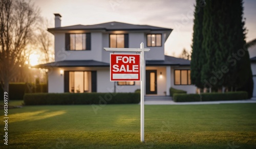 Red 'For Sale' sign in a grassy yard in front of a large house. photo