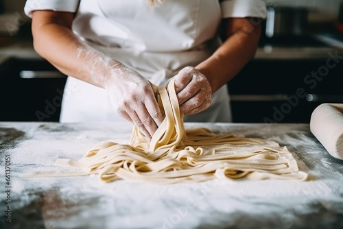 Crop anonymous female cook preparing traditional Italian rolled fresh tagliatelle pasta on marble counter in kitchen