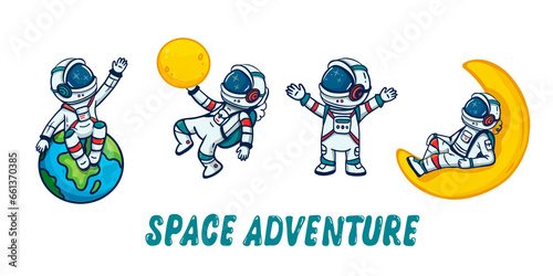set of cartoon astronauts isolated on white background. Doodle style, for book, magazines, print. Cosmonaut and earth, moon. 