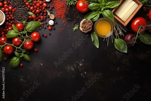 Food background. Italian cuisine. Ingredients on dark bg
