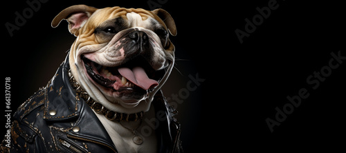 bulldog on a black background in a leather jacket. generative ai