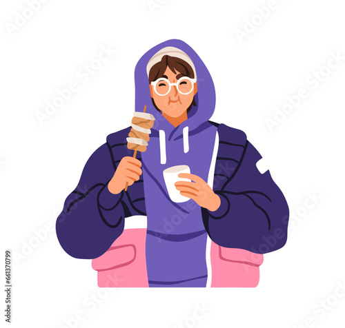 Person eating Korean street fast food. Happy guy holding and enjoying sotteok, rice and sausage skewer, grilled takeaway Asian snack in Korea. Flat vector illustration isolated on white background