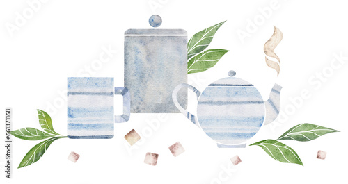 Watercolor hand drawn illustration. Porcelain tea pot cups paper bag green leaves storage jar. Isolated on white background. For invitations, cafe, restaurant food menu, print, website, cards