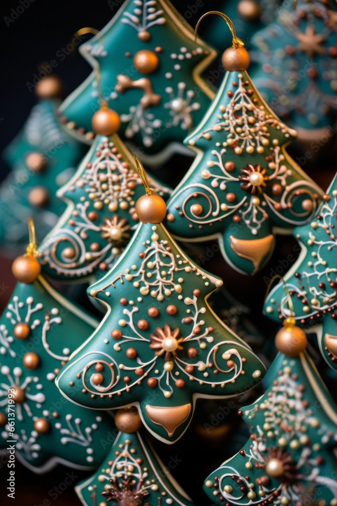 A close-up of intricately decorated Christmas tree-shaped cookies, each adorned with edible ornaments and a star on top. A close-up of intricately decorated Christmas tree-shaped cookies, each adorned with edible ornaments and a star on top.