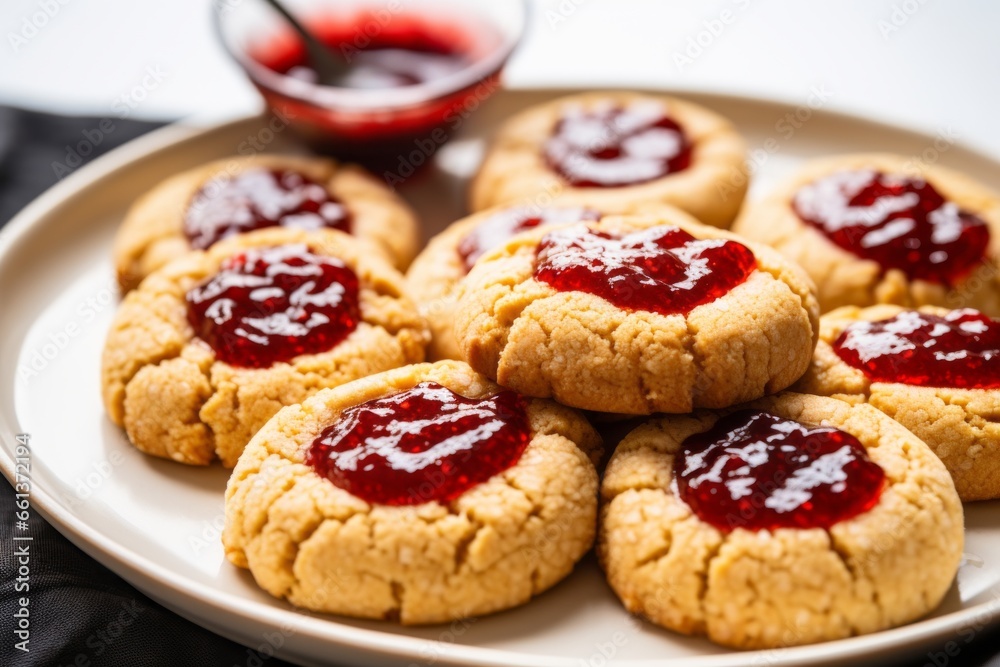 A picture of thumbprint cookies filled with homemade raspberry jam, their vibrant red centers contrasting beautifully with the golden-brown cookie base.