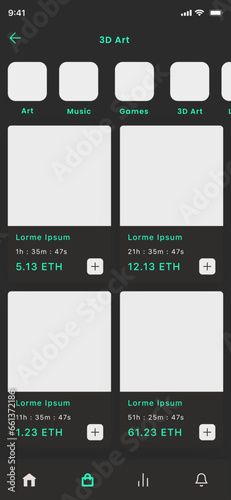 NFT Bidding Dark Marketplace, Nfts Auction and Crypto Art and Stocks Black Store App UI Kit Template