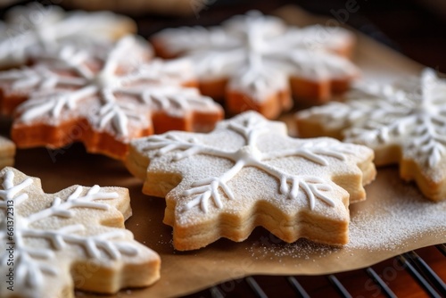 A close-up shot of freshly baked sugar cookies shaped like snowflakes, dusted with a layer of powdered sugar that glistens like freshly fallen snow.