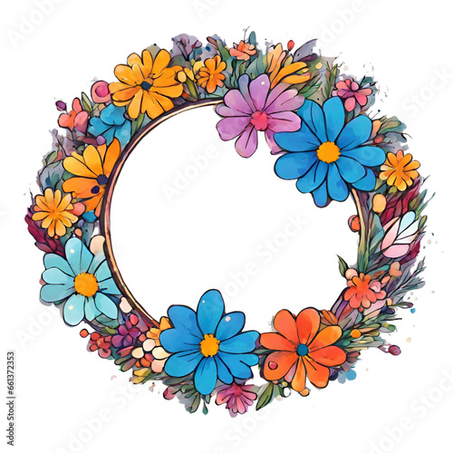 round frame with colorful flower arrangement, transparent background, generative ai