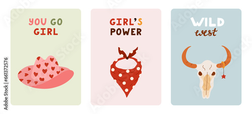 Set of cute greeting cards about Wild West, cowgirl and cowboys. Poster for the party with illustration in western theme and hand drawn lettering. Postcard template with symbols of Texas