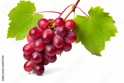 a sprig of red grapes with leaves isolated on white 