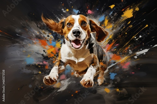 A collage of abstract brushstrokes and splatters that come together to create a Beagle in mid-leap, capturing the breed's boundless energy and enthusiasm.
