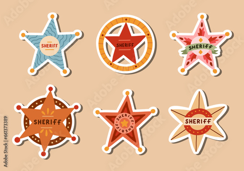 Set of stickers with hand drawn sheriff badge for planners, notebooks. Ready for print list of cute western stickers. Simple vector doodles of Wild West and cowboy star badge with shields
